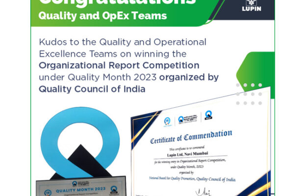 Lupin Ltd, Navi Mumbai for the winning entry in Organizational Report Competition, under Quality Month, 2023, organized by National Board for Quality Promotion, Quality Council of India.